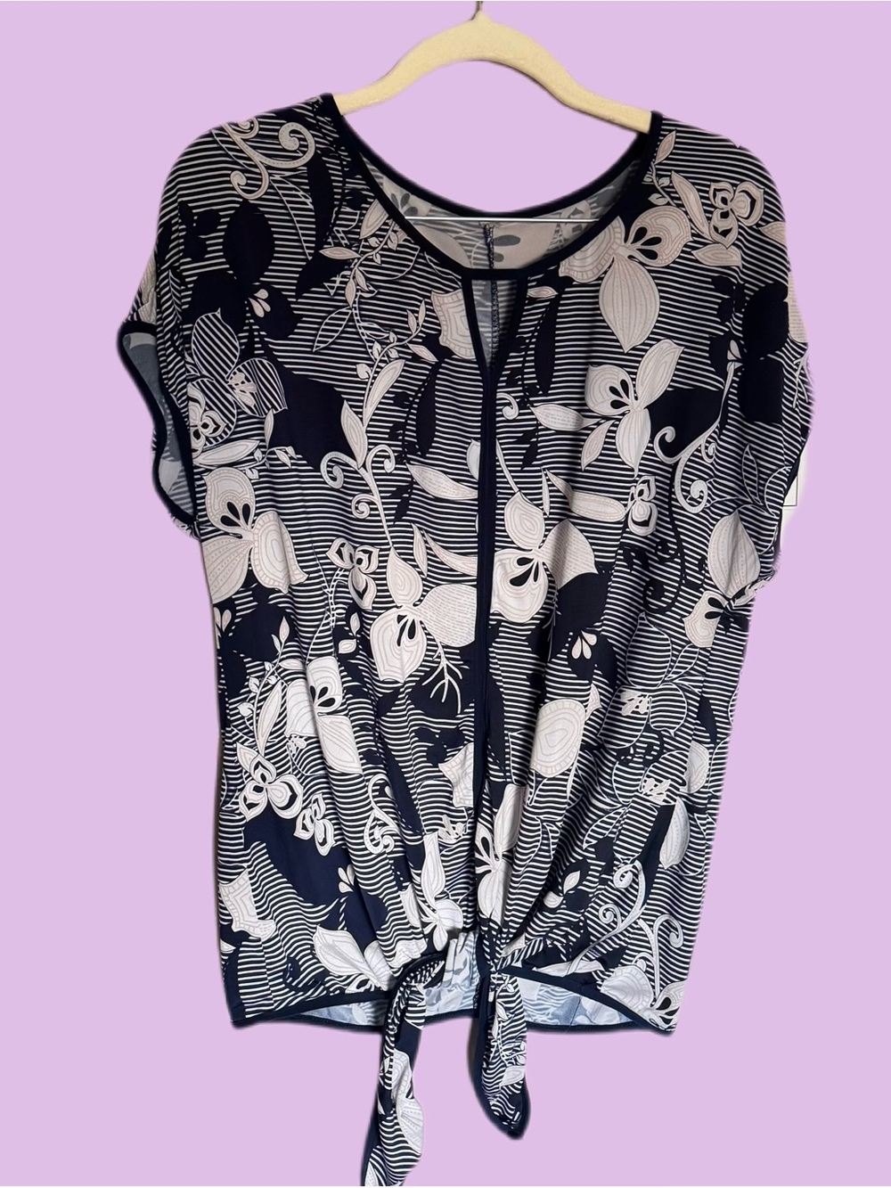 Navy and White Floral Tie-Front Blouse